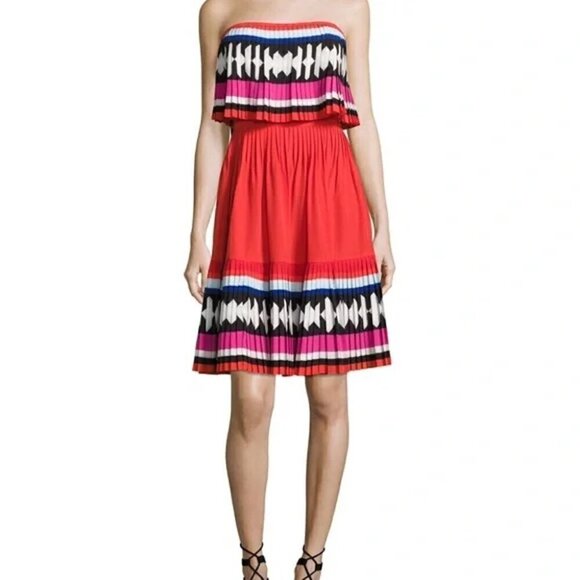 Kate Spade New York, Geo Border Printed Pleated Dress, Red Strapless, Flowy, 6 - Picture 3 of 10